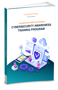 ebook cover with text cybersecurity awareness training program and illustration of employees typing on laptops